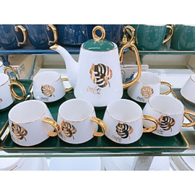 BỘ BÌNH TRÀ KÈM KHAY SỨ CÁO CẤP MÀU XANH CỔ VỊT KẾT HỢP TRẮNG HỌA TIẾT LÁ VÀNG CAO CẤP - ANTH280