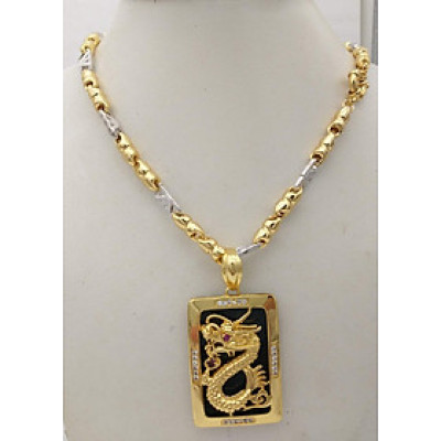 Dây chuyền nam 2 màu mặt chữ nhật khảm Rồng mạ Vàng 24k MD36