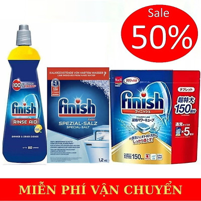 Combo Viên rửa bát Finish Nhật 150 viên + Muối rửa bát Finish 1,5kg + Nước làm bóng bát Finish 800ml