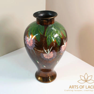 Bình Hoa Sơn Mài Dáng Chum Cổ Nhỏ Màu Nâu Đồng Họa Tiết Hoa Tím