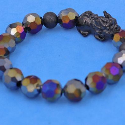 Chuỗi tay Pha Lê Xanh Đen cắt giác 10 ly Mix Tỳ Hưu inox 2 bi - Chuỗi tay thời trang phong thủy