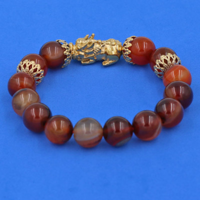 Vòng đeo tay Thạch Anh Nâu 12 ly - cẩn Tỳ Hưu Phong Thủy Chiêu Tài Lộc inox vàng VTANTHBKV12