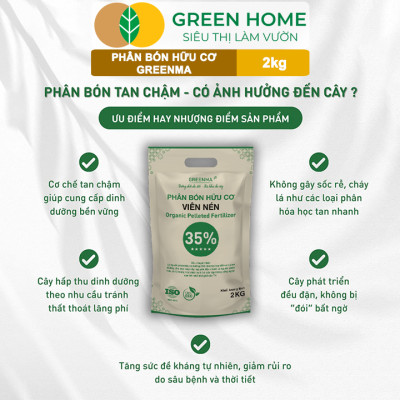 3 Túi Phân Bón Hữu Cơ Viên Nén Greenma 35%, GreenHome, Túi 2kg, Chuyên Cho Cây Cảnh, Hoa Màu Trồng Chậu