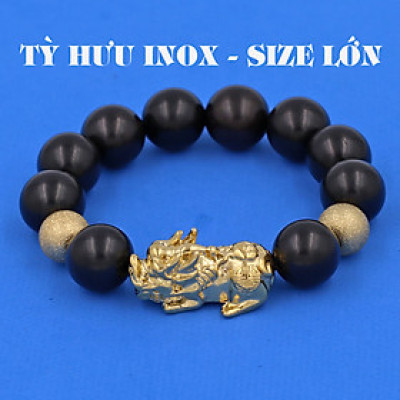 Vòng chuỗi đeo tay gỗ mun 15 ly ( size lớn ) charm tỳ hưu và bi inox vàng, vòng tay chuỗi hạt