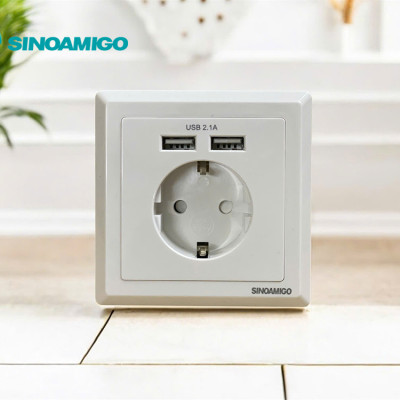 Ổ cắm điện Schuko (chuẩn Hàn Quốc) âm tường kèm 2 cổng sạc USB 5V-2.1A - Sinoamigo SW-1EUA  nhập khẩu chính hãng