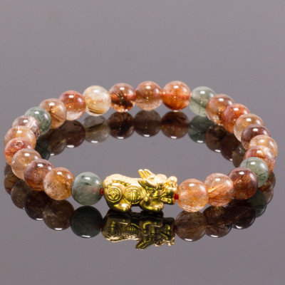 Vòng tay thạch anh tóc đa sắc phối tỳ hưu bạc mạ vàng (7mm) Ngọc Quý Gemstones