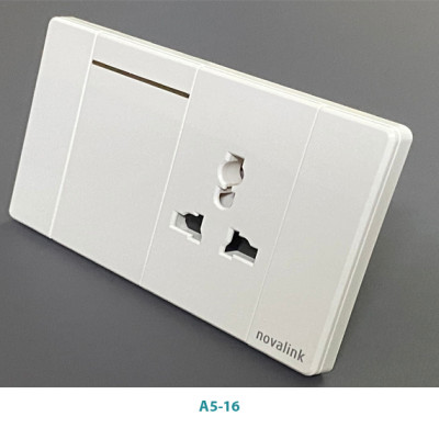 Mặt ổ điện kèm công tắc hạt dài tràn viền Novalink A5-16, 1 công tắc 1 chiều + ổ cắm 3 chấu đa năng, màu trắng