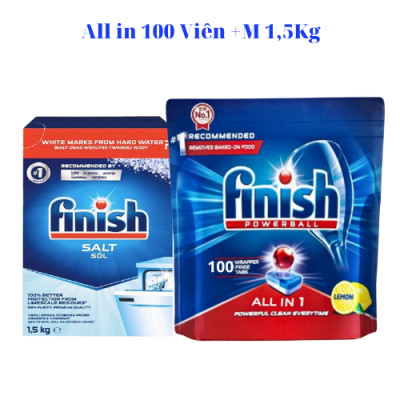 combo Viên rửa bát finish all in one 100 viên+Muối rửa bát finish 1.5kg  cho Máy rửa bát