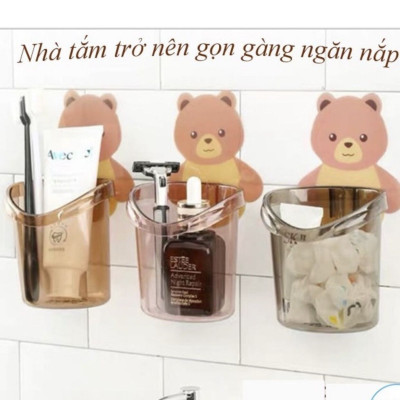 Cốc gấu dán tường đựng bàn chải, kem đánh răng, đồ dùng cá nhân văn phòng siêu chắc có lỗ thoát nước tiện lợi