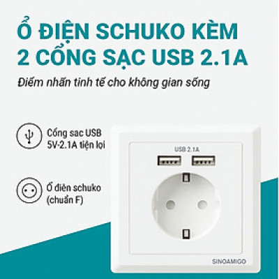 Ổ cắm điện Schuko (chuẩn Hàn Quốc) âm tường kèm 2 cổng sạc USB 5V-2.1A - Sinoamigo SW-1EUA  nhập khẩu chính hãng