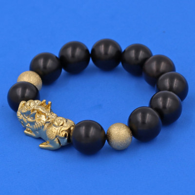 Vòng chuỗi đeo tay gỗ mun 15 ly ( size lớn ) charm tỳ hưu và bi inox vàng, vòng tay chuỗi hạt