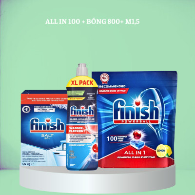 COMBO FINISH: Viên rửa bát Finish All in one 100 viên + Muối Finish 1.2kg + Nước làm bóng Finish 1150ml