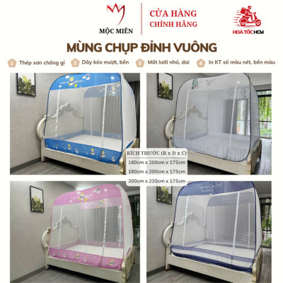 Màn Chụp Tự Bung Đỉnh Vuông Cao Cấp Mộc Miên - Màu Trắng Viền Hồng ( Hình thật )