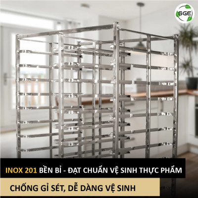 Kệ Inox Khay Bánh/ Xe Hong Bánh SGE  6-10-15-30 tầng khay 46x72cm Chất Liệu Inox, Có Khoá Bánh