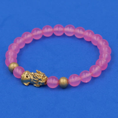 Vòng đeo tay Thạch Anh Hồng Phấn 6 ly cẩn Tỳ Hưu inox vàng VTAHPTHHBV6 HỘP NHUNG - hợp mệnh Hỏa, mệnh Thổ