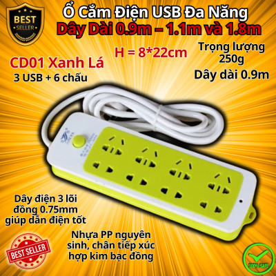 Ổ Cắm Điện USB Đa Năng Cao Cấp Chống Giật Dây Dài 0.9m – 1.1m và 1.8m, Ổ Cắm Điện Công Suất 2500W Có Chốt An Toàn
