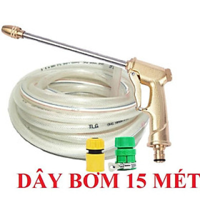 Bộ dây vòi xịt nước rửa xe, tưới cây . tăng áp 3 lần, loại 15m 206701-3 đầu đồng, cút,nối vàng
