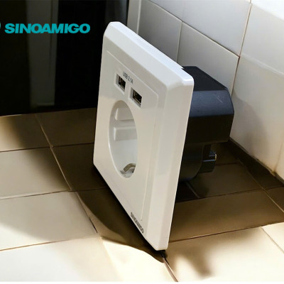 Ổ cắm điện Schuko (chuẩn Hàn Quốc) âm tường kèm 2 cổng sạc USB 5V-2.1A - Sinoamigo SW-1EUA  nhập khẩu chính hãng