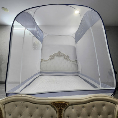 Màn Chụp , Mùng Chụp Cao Cấp Mộc Miên Đỉnh Vuông - Kích Thước 2,2mx2m ( Xanh Xám 3 Đường Kẻ )