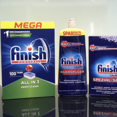 COMBO FINISH: Viên rửa bát Finish All in one 100 viên + Muối Finish 1.2kg + Nước làm bóng Finish 1150ml