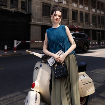 Set áo váy xanh xếp ly NGADO , set áo váy kiểu Nữ , set áo váy dài