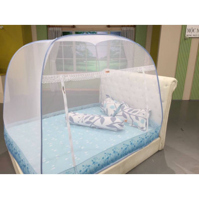 Màn Chụp , Mùng Chụp Cao Cấp Mộc Miên Đỉnh Rộng - Kích Thước 1,4mx2m Trắng Viền Xanh ( Hà Nội )