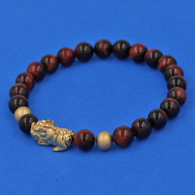 Vòng đeo tay đá Mắt Hổ đỏ đen 6 ly cẩn Tỳ Hưu inox vàng VMHOETHHBV6