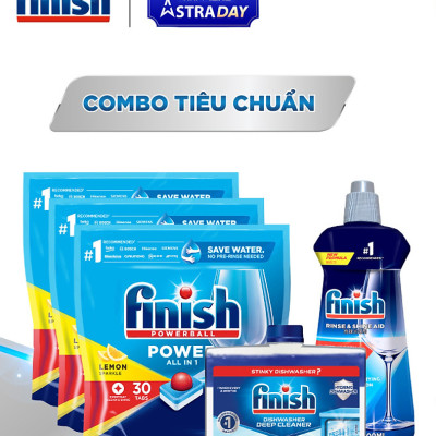 Combo Tiêu Chuẩn: Túi 24 Viên Rửa Bát All In One Max + Muối finish 1.2kg + 800ml Dung Dịch Nước Làm Bóng Rinse & Shine Aid Tẩy Rửa Máy Rửa Chén Bát.
