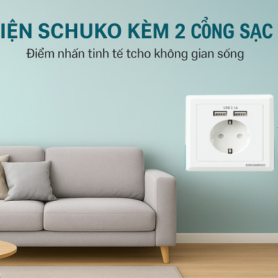 Ổ cắm điện Schuko (chuẩn Hàn Quốc) âm tường kèm 2 cổng sạc USB 5V-2.1A - Sinoamigo SW-1EUA  nhập khẩu chính hãng