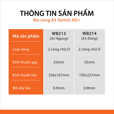 Bìa còng A5 Switch OFF AO+ lưu trữ tài liệu gáy 3.5cm chất liệu nhựa PP WB213/WB214