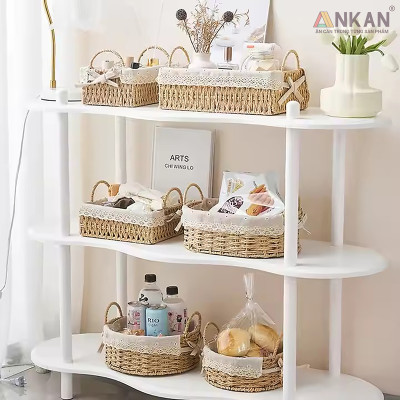 Giỏ Đựng Đồ Ăn Vặt Có Quai Hình Bầu Dục Lót Vải Hoa – Sợi Giấy Cán Mỏng Nhẹ Bền, Dễ Vệ Sinh