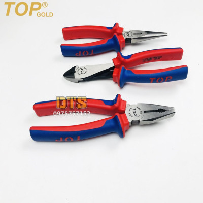 Bộ 3 kìm điện - cắt - nhọn trợ lực chuyên nghiệp TOP GOLD 160mm, thép Hi-Cr cao cấp, thiết kế cộng lực tiết kiệm 50% lực