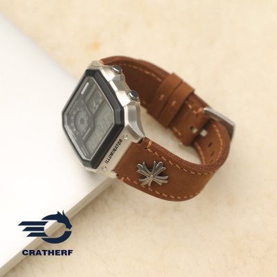 Dây da thay thế dành cho đồng hồ Casio AE1200 da bò sáp nâu Vàng Bò Rivet Handmade