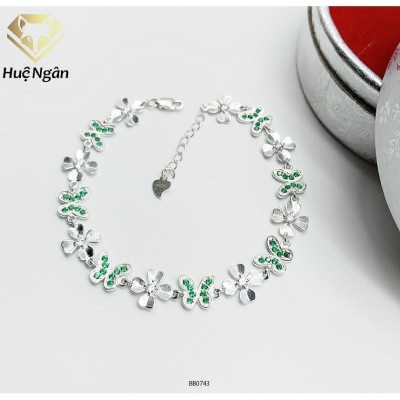 Lắc tay bạc 925 Huệ Ngân - Cỏ bốn lá và bướm xinh đá xanh BB0743