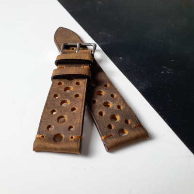 [Da thật] Dây đồng hồ handmade da bò sáp AL116 (Nâu) (Kèm hộp + phụ kiện) Size 20/Size 22 - 100% da bò thật