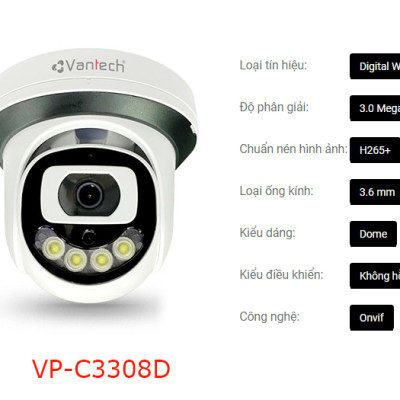 Vantech Camera 3.0MP Network Colorful Dome VP-C3308D - Hàng chính hãng