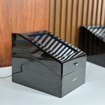 [BH 2 Năm Động Cơ] Hộp Đồng Hồ Cơ 3 Xoay + 3 Tĩnh Vỏ Gỗ Sơn Vân Gỗ Mun Có Đèn Led