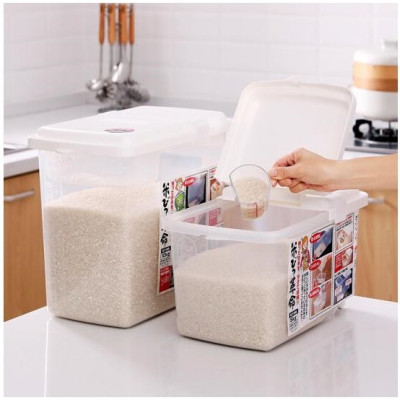 Combo  01 Thùng đựng gạo Inomata cao cấp 10kg (kèm ca đong) + 01 Muôi xới cơm Ion bạc kháng khuẩn, chống dính Nakaya  - Made in Japan