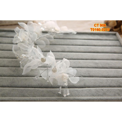 Cài tóc cô dâu hoa voan gắn hạt pha lê thủy tinh