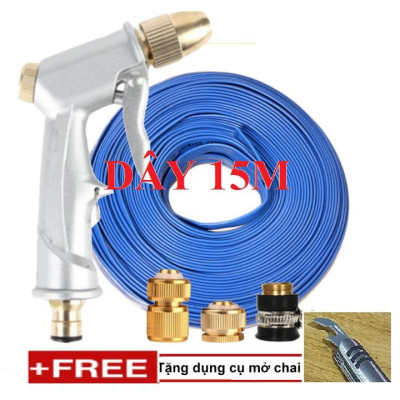 Bộ dây vòi xịt nước rửa xe, tưới cây . tăng áp 3 lần, loại 15m 206701 đầu đồng,cút đồng+ tặng mở chai