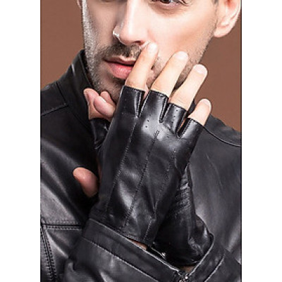 Găng tay nam lái xe BHY8861 Găng tay hở ngón, Bao tay phượt, da cừu thật, đeo 4 mùa.