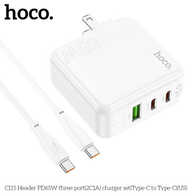 Bộ sạc nhanh 65W chân sạc Typec cao cấp cho điện thoại tiện lợi với 2 cổng type-C, 1 cổng USB an toàn chống cháy nổ - Hàng nhập khẩu