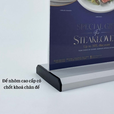 Kệ menu nhà hàng, Standee mica để bàn, Bảng quét mã QR Code, Kệ mica 2 mặt Enter E35 300x210mm đế nhôm A4 ngang