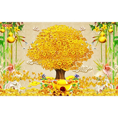 (HCM)Tranh dán tường tranh trang trí phòng thờ cây tài lộc phú quý 6 tích hợp sẵn keo