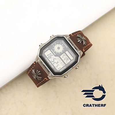 Dây da thay thế đồng hồ Casio AE1200 da bò sáp nâu Ngựa Rivet Handmade