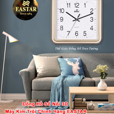 Đồng hồ Treo Tường KIM TRÔI EASTAR CAO CẤP - Mặt Vuông - Viền Kim Tuyến - Số nổi Ánh kim - Bảo Hành 1 Năm - Tặng Pin Maxell