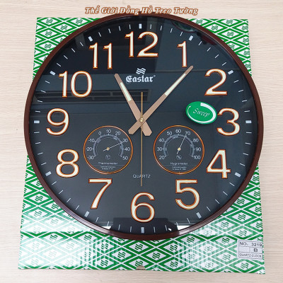 Đồng Hồ Treo Tường DECOR Trang Trí Nhà Hình Tròn Viền Mỏng 38cm EASTAR - Bộ Kim Số DẠ QUANG và NHIỆT ẨM KẾ TỰ ĐỘNG - Tặng Pin Maxell