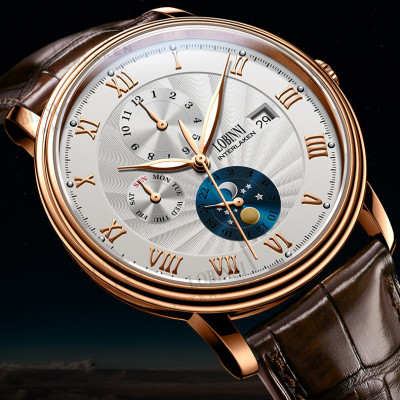 Đồng hồ nam chính hãng LOBINNI Ref.1023-1 (Phiên bản đặc biệt Limited)  Kính sapphire nguyên khối ,chống xước,chống nước 50m,mặt trắng vỏ vàng hồng dây da nâu xịn, thép không gỉ 316L,Đồng hồ cơ (Automatic) bảo hành 24 tháng,thiết kế đơn giản và sang trọng