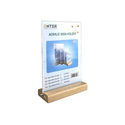 Kệ mica 2 mặt Enter E42 150x210mm đế gỗ A5 đứng, Kệ menu nhà hàng, Standee mica để bàn, Bảng quét mã QR Code