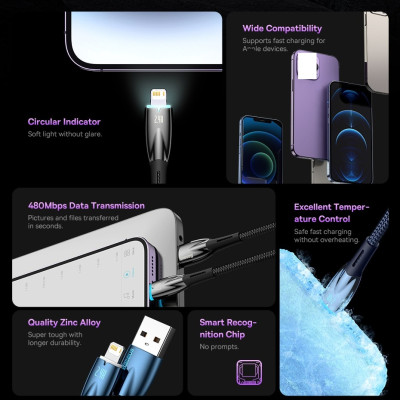 Cáp sạc nhanh 2.4A cho ai-phôn, Cáp sạc Baseus Glimmer Series Fast Charging Data USB-A to Lai-ning 2.4A đèn LED, đẹp sang trọng - Hàng chính hãng